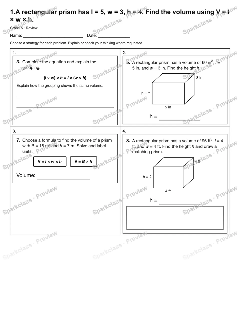 1.A rectangular prism has l = 5, w = 3, h = 4. Find the volume using V = l × w × h. — Review — Grade 5 worksheet preview