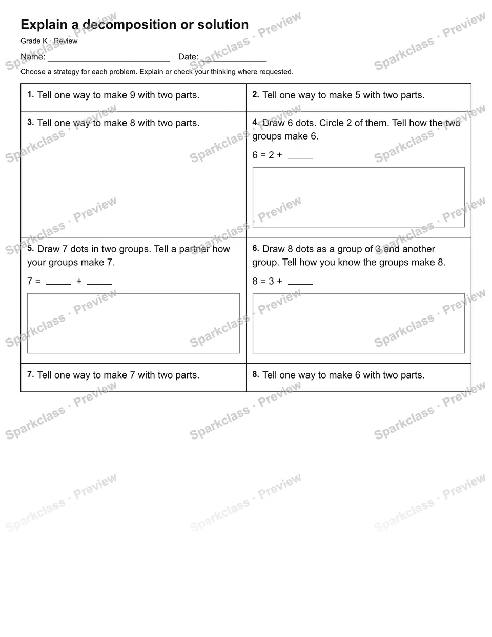 Explain a decomposition or solution — Review — Kindergarten worksheet preview