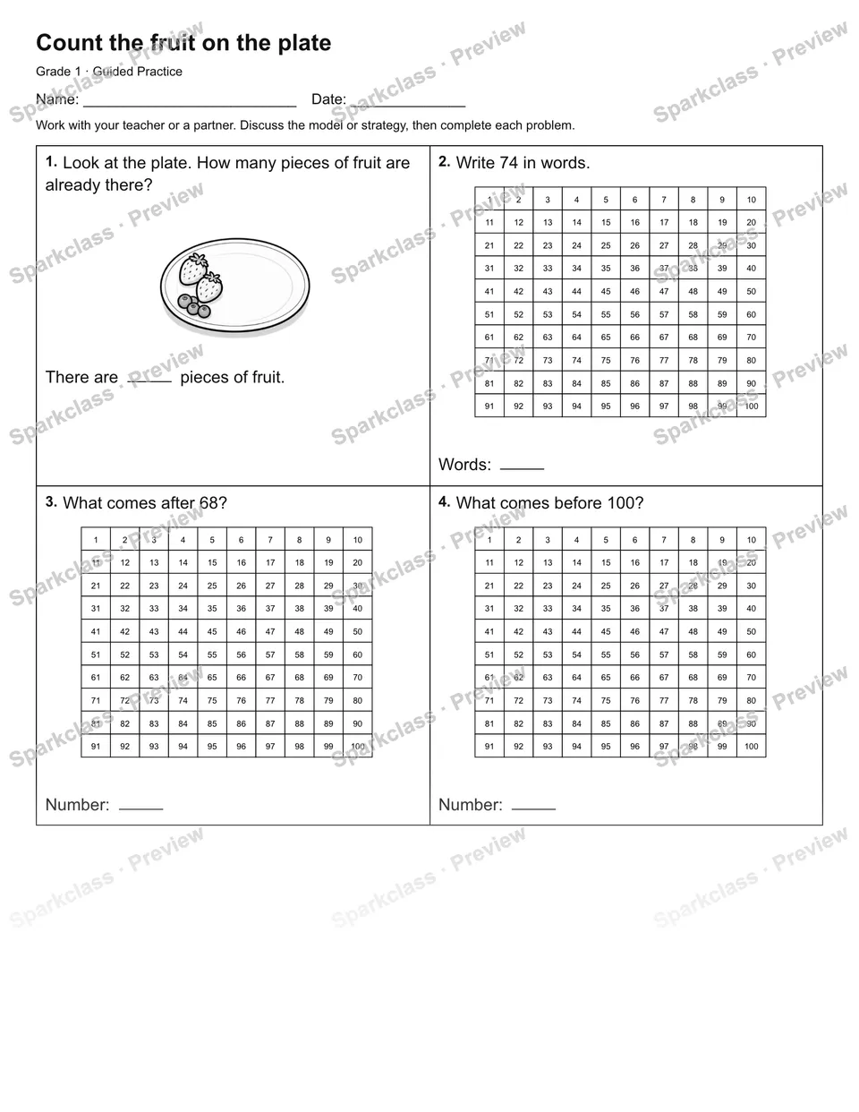 Count the fruit on the plate — Guided Practice — Grade 1 worksheet preview