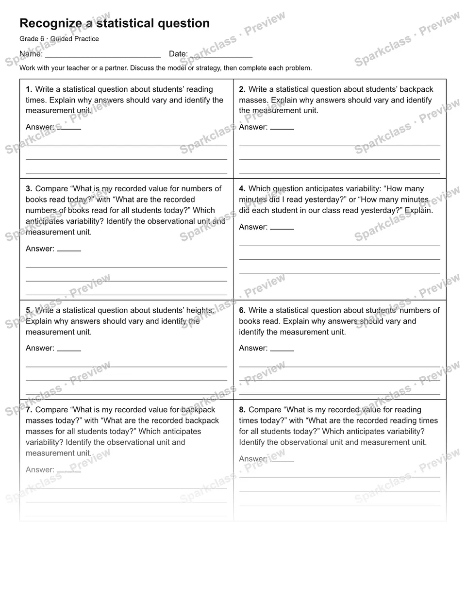 Recognize a statistical question — Guided Practice — Grade 6 worksheet preview