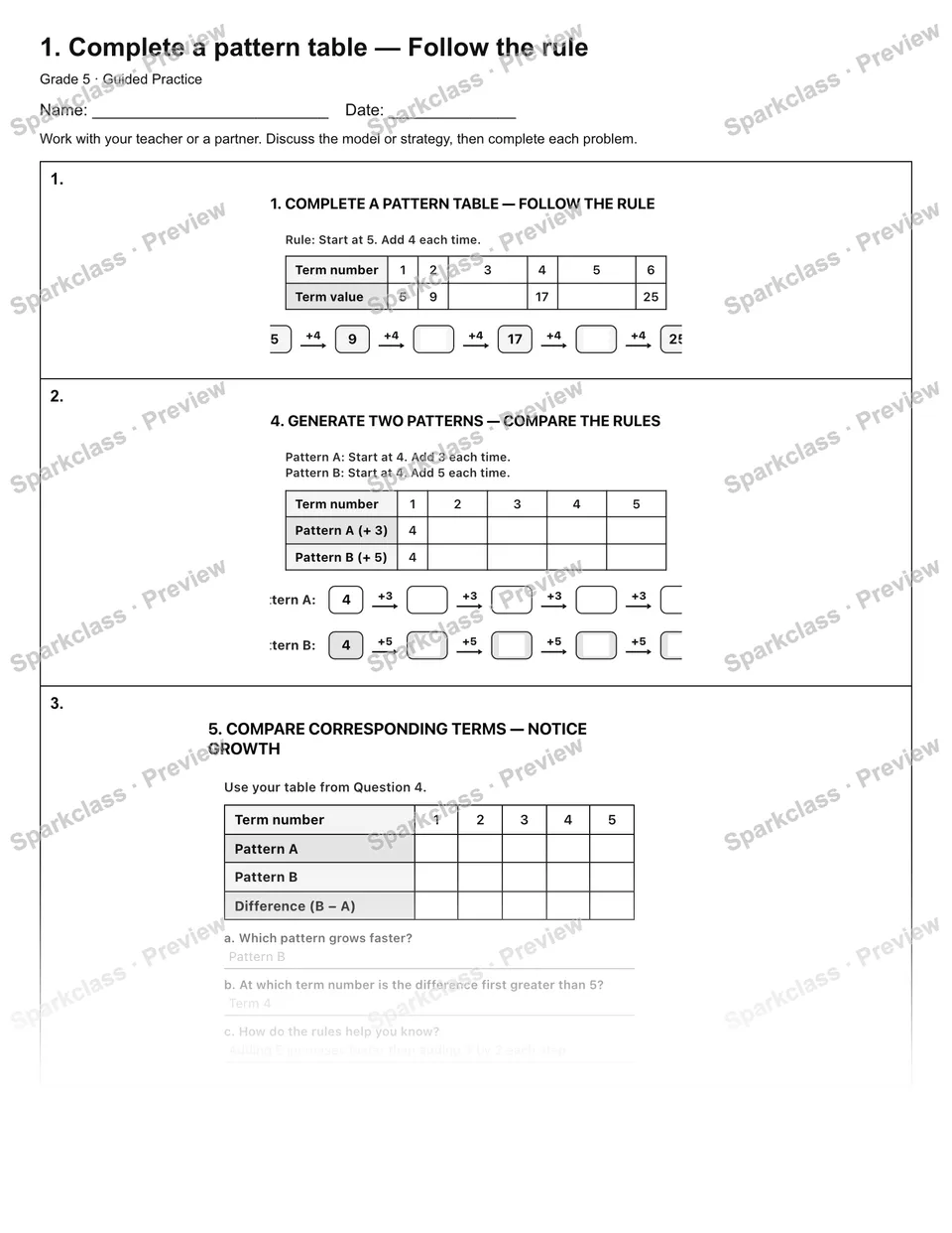 1. Complete a pattern table — Follow the rule — Guided Practice — Grade 5 worksheet preview