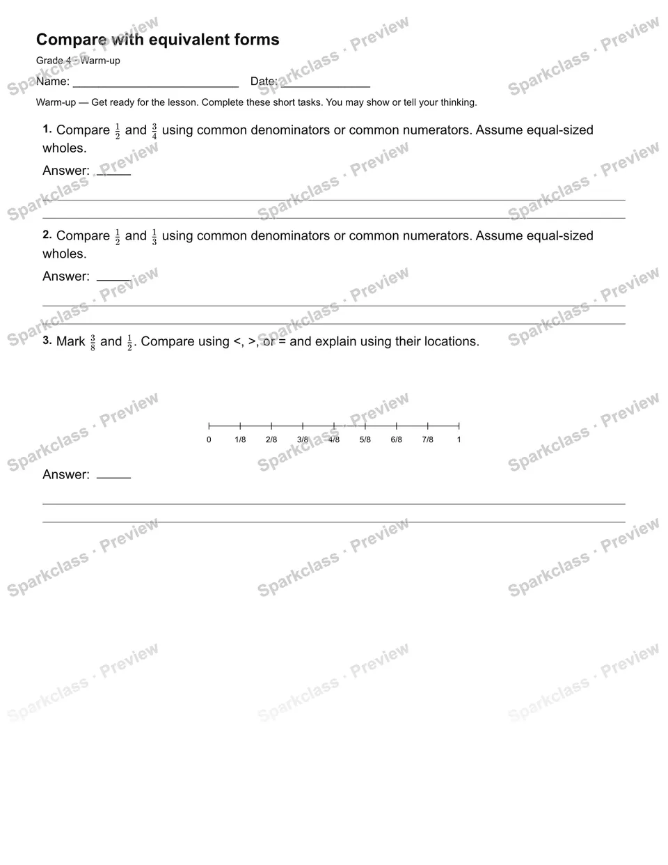 Compare with equivalent forms — Warm-up — Grade 4 worksheet preview