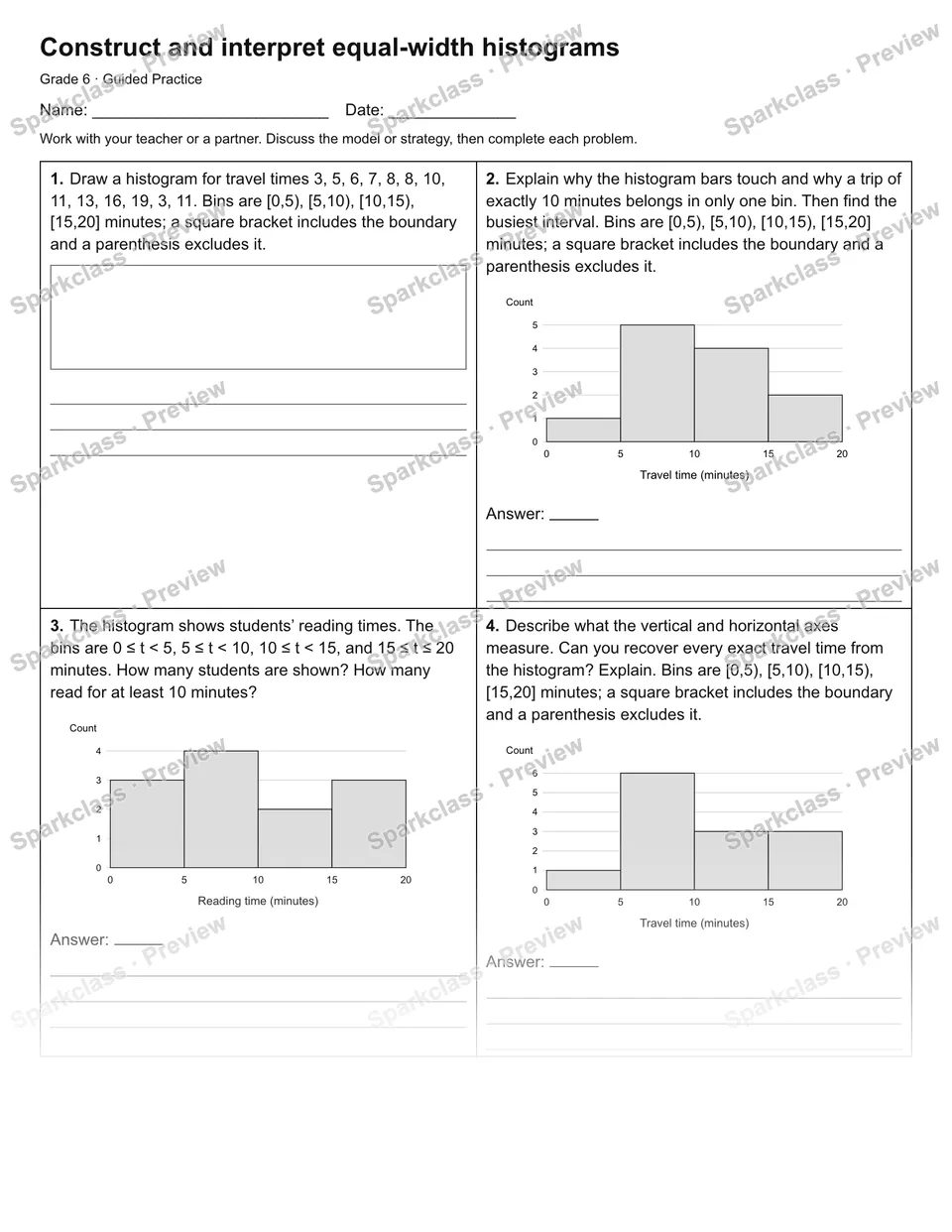 Construct and interpret equal-width histograms — Guided Practice — Grade 6 worksheet preview