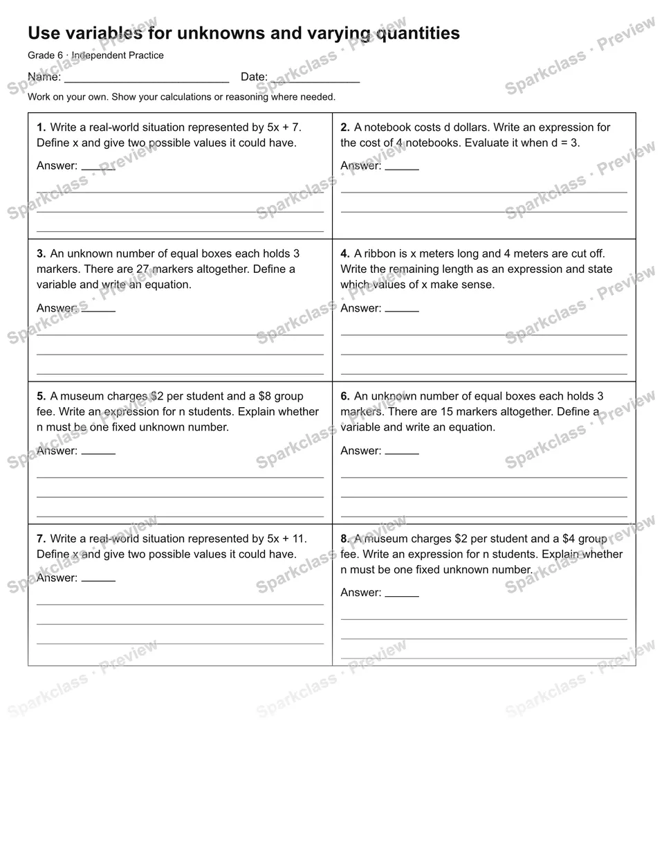 Use variables for unknowns and varying quantities — Independent Practice — Grade 6 worksheet preview