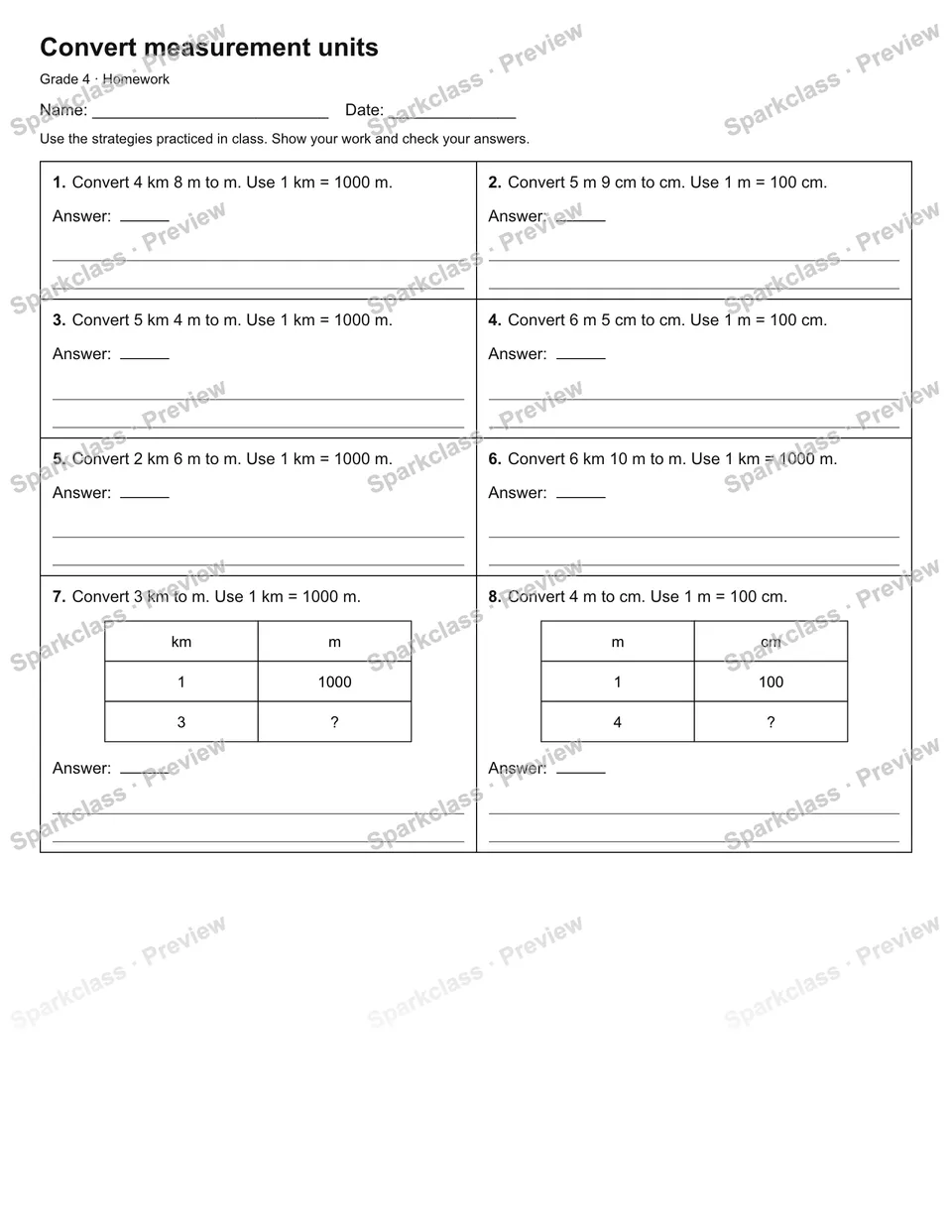 Convert measurement units — Homework — Grade 4 worksheet preview