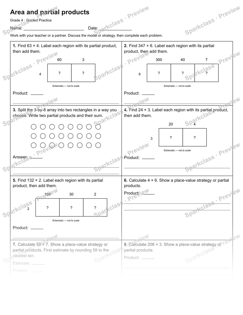 Area and partial products — Guided Practice — Grade 4 worksheet preview