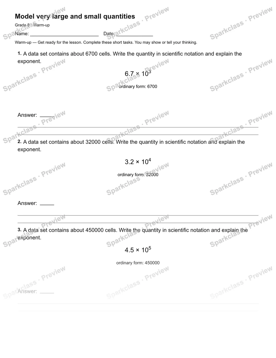 Model very large and small quantities — Warm-up — Grade 8 worksheet preview