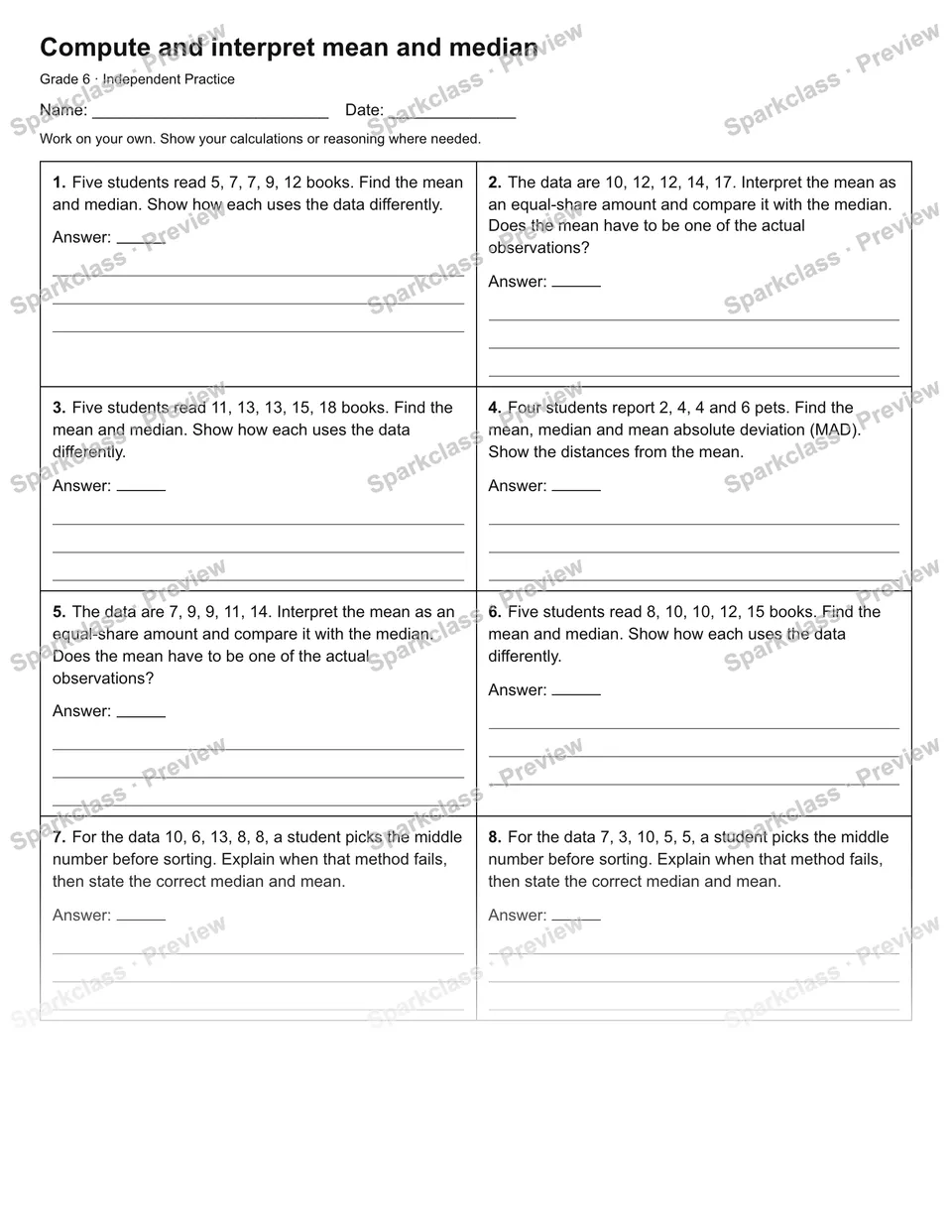 Compute and interpret mean and median — Independent Practice — Grade 6 worksheet preview