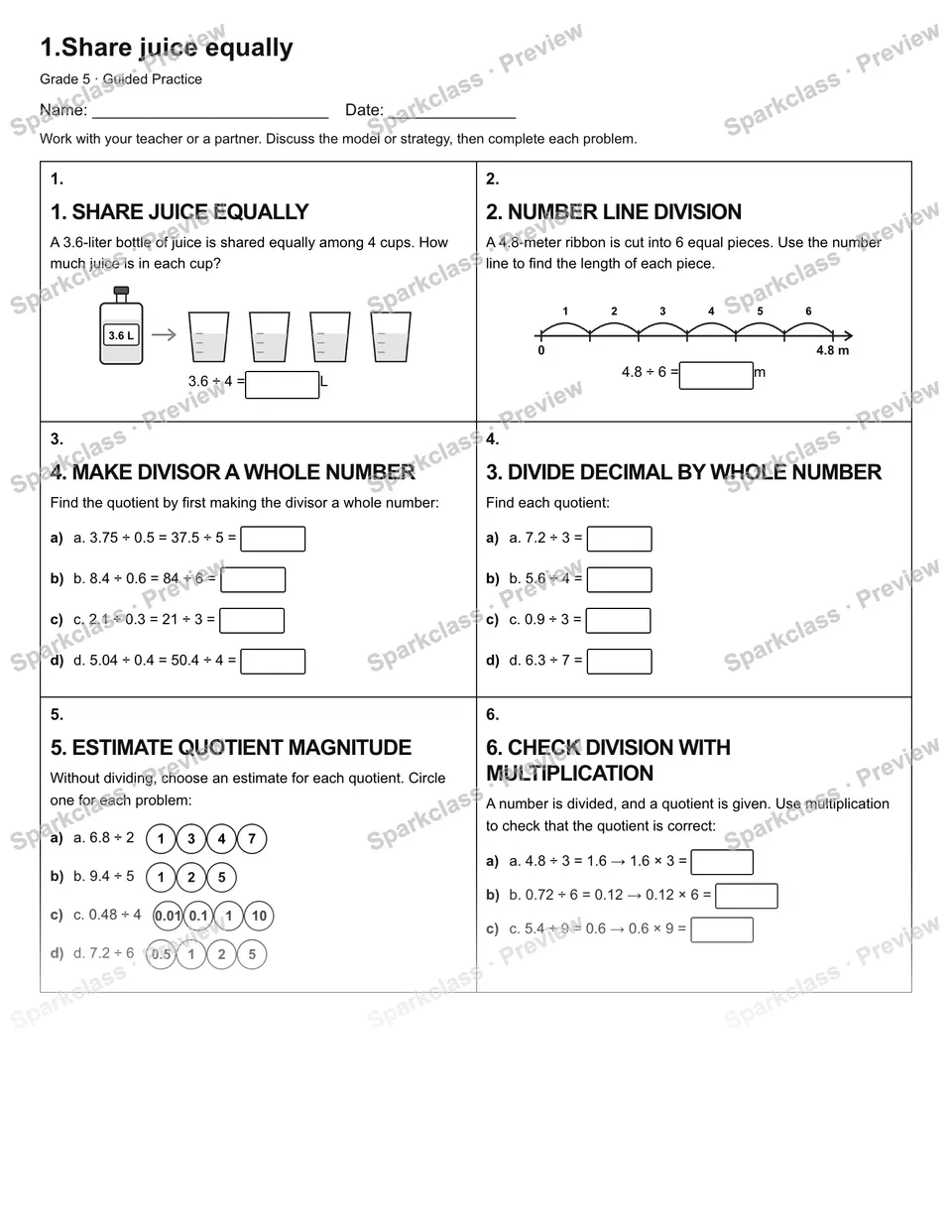 1.Share juice equally — Guided Practice — Grade 5 worksheet preview