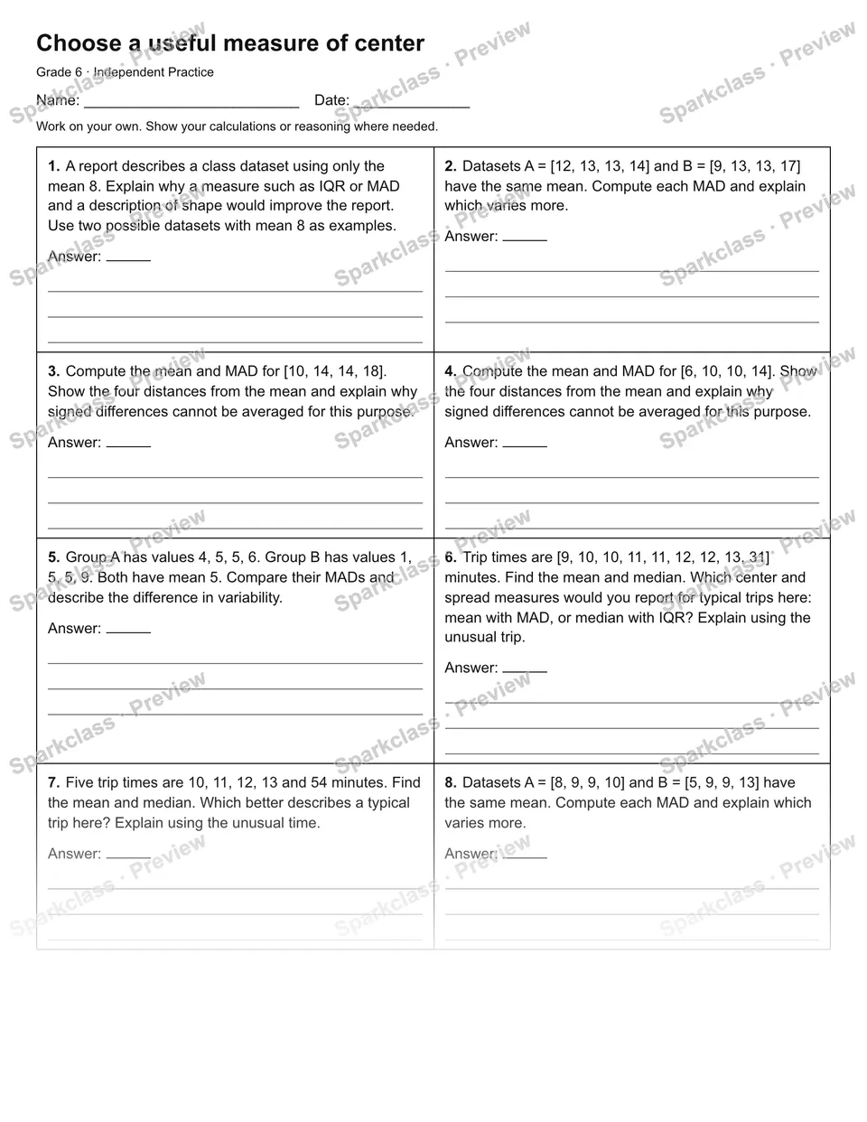 Choose a useful measure of center — Independent Practice — Grade 6 worksheet preview