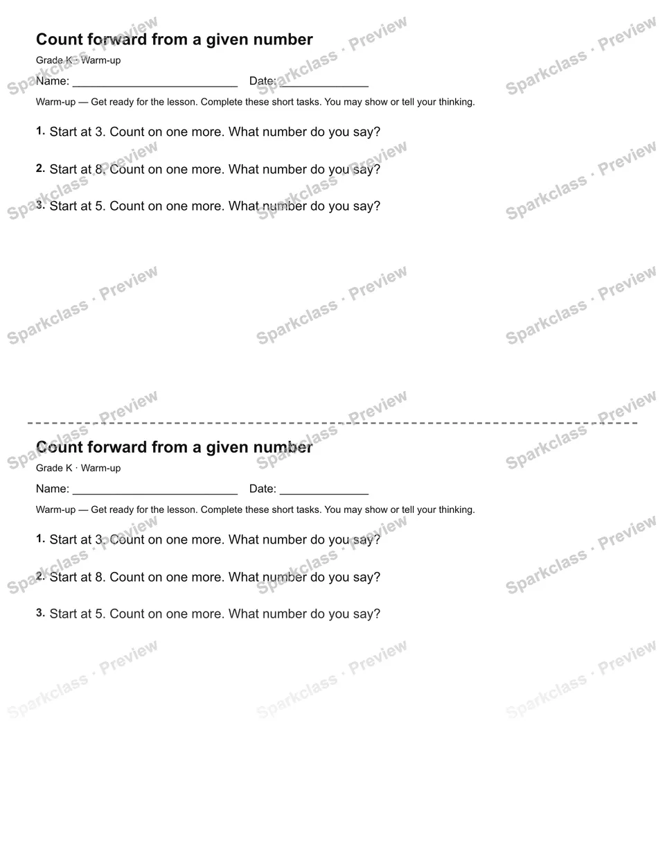 Count forward from a given number — Warm-up — Kindergarten worksheet preview