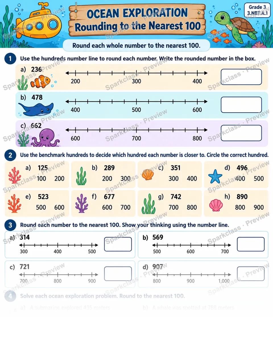 Round To Nearest 100 Ocean — Grade 3 worksheet preview