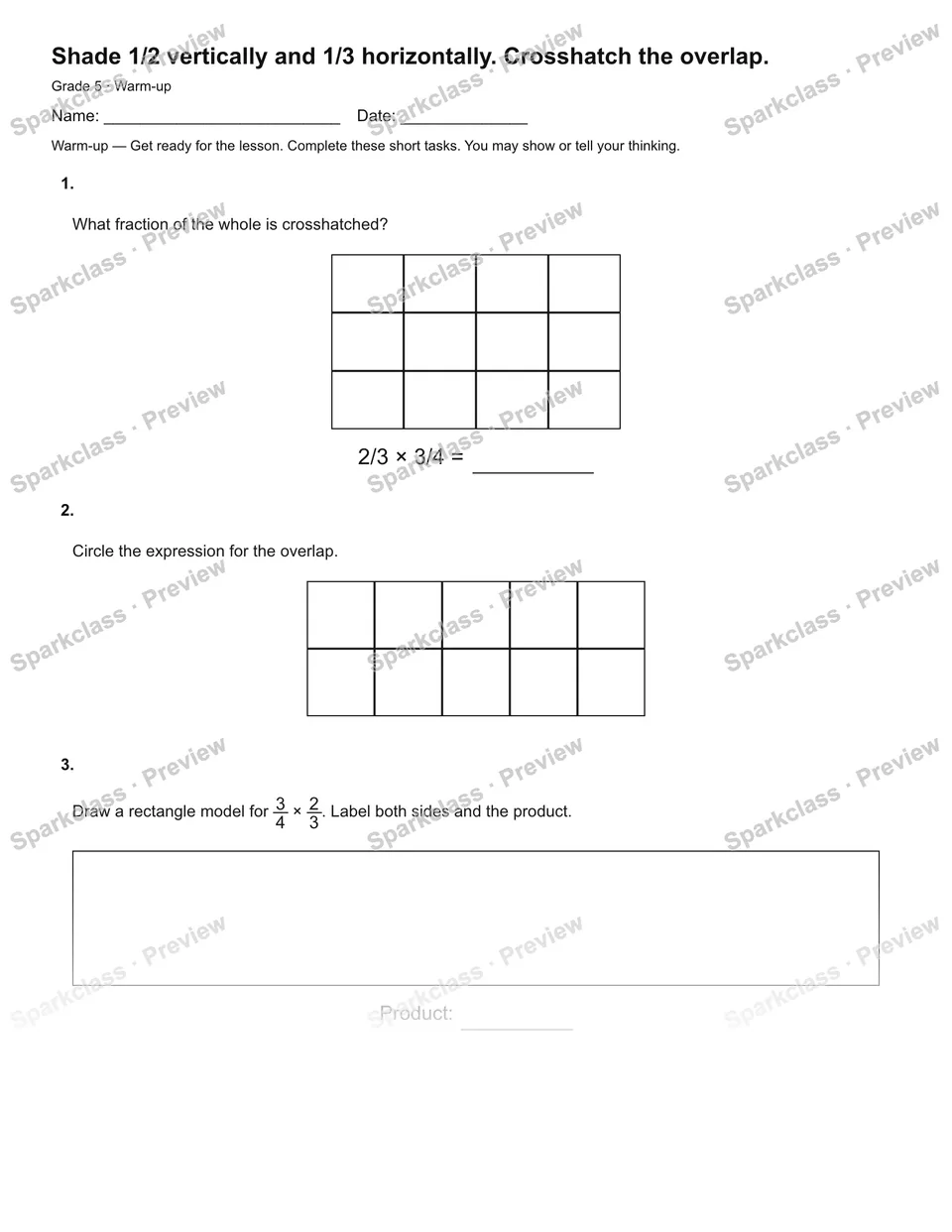 Shade 1/2 vertically and 1/3 horizontally. Crosshatch the overlap. — Warm-up — page 2