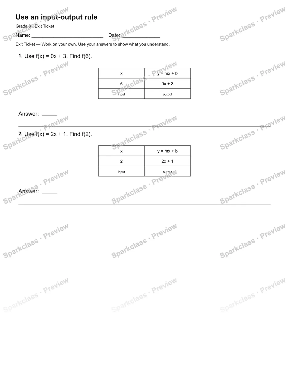 Use an input-output rule — Exit Ticket — Grade 8 worksheet preview