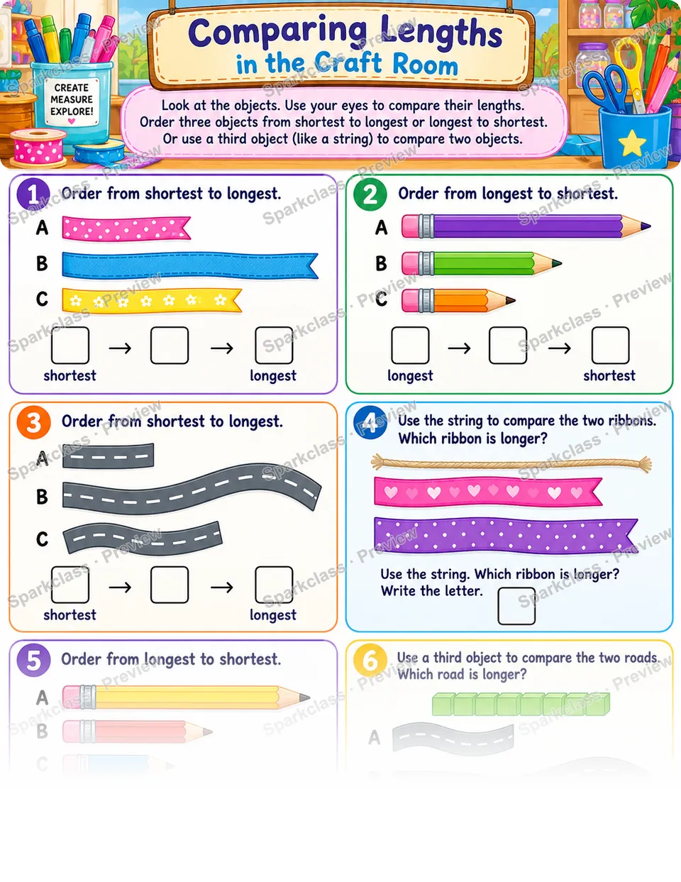 Comparing Lengths Craft Room — Grade 1 worksheet preview