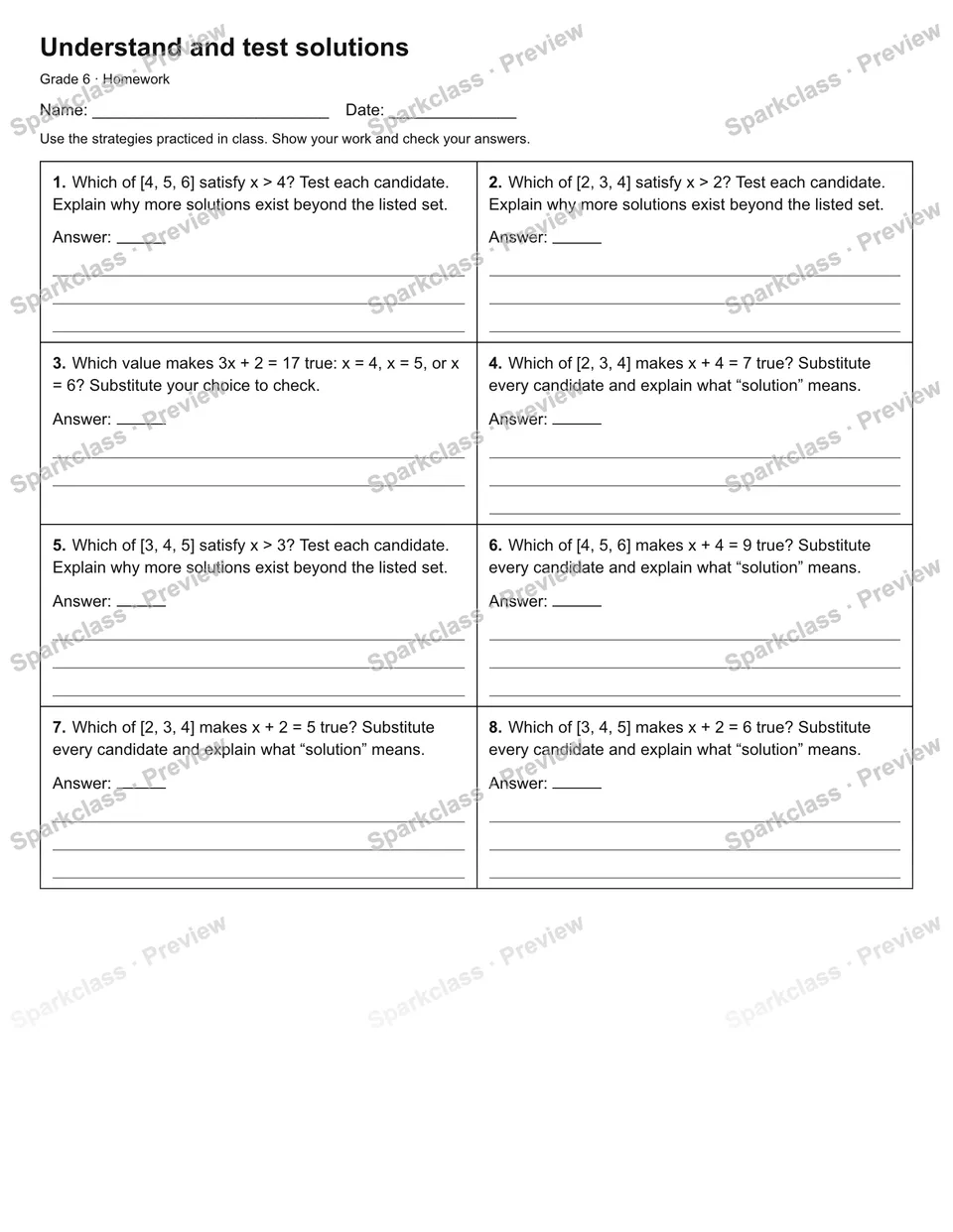 Understand and test solutions — Homework — Grade 6 worksheet preview