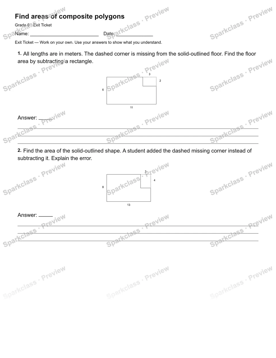 Find areas of composite polygons — Exit Ticket — Grade 6 worksheet preview