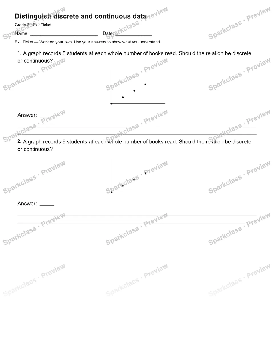 Distinguish discrete and continuous data — Exit Ticket — Grade 8 worksheet preview