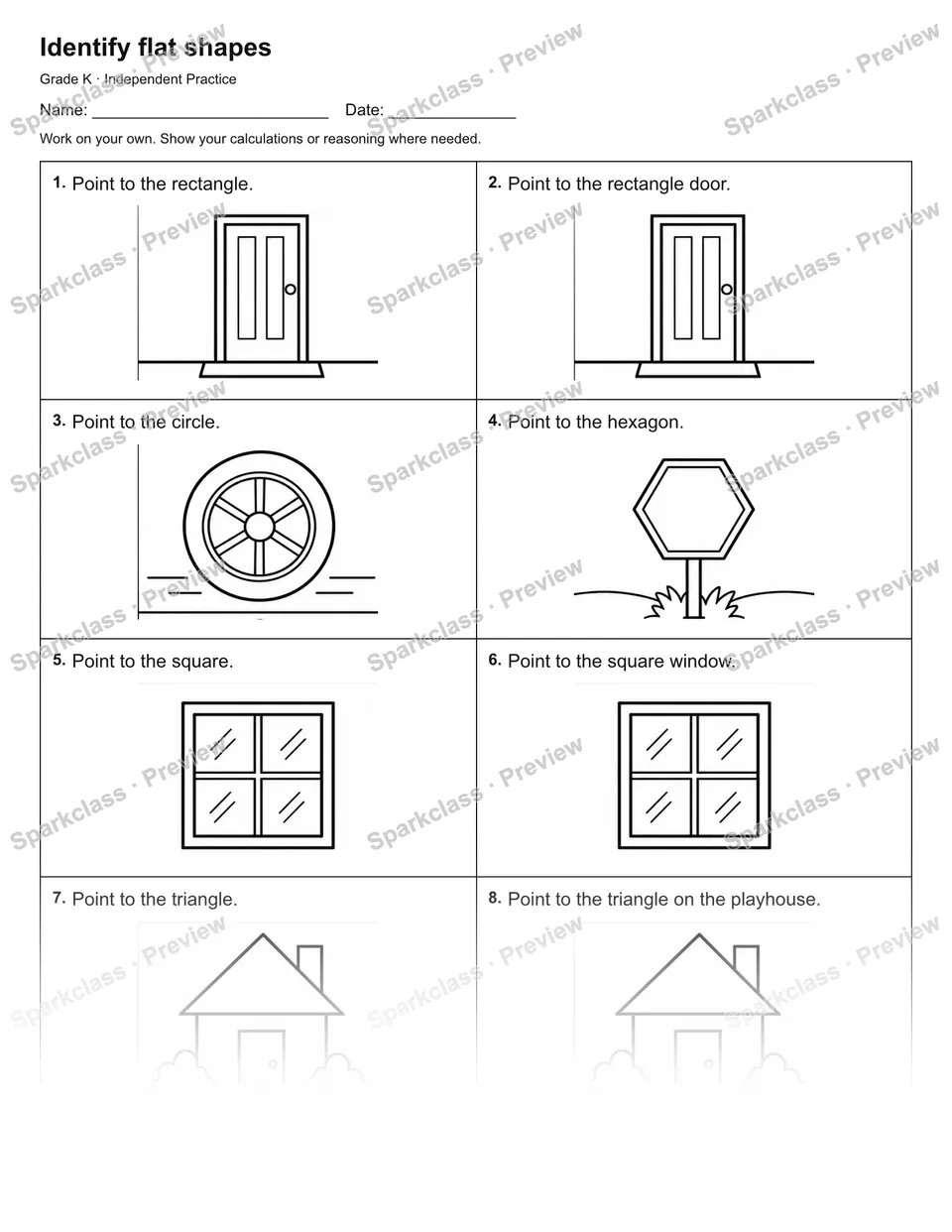 Identify flat shapes — Independent Practice — Kindergarten worksheet preview