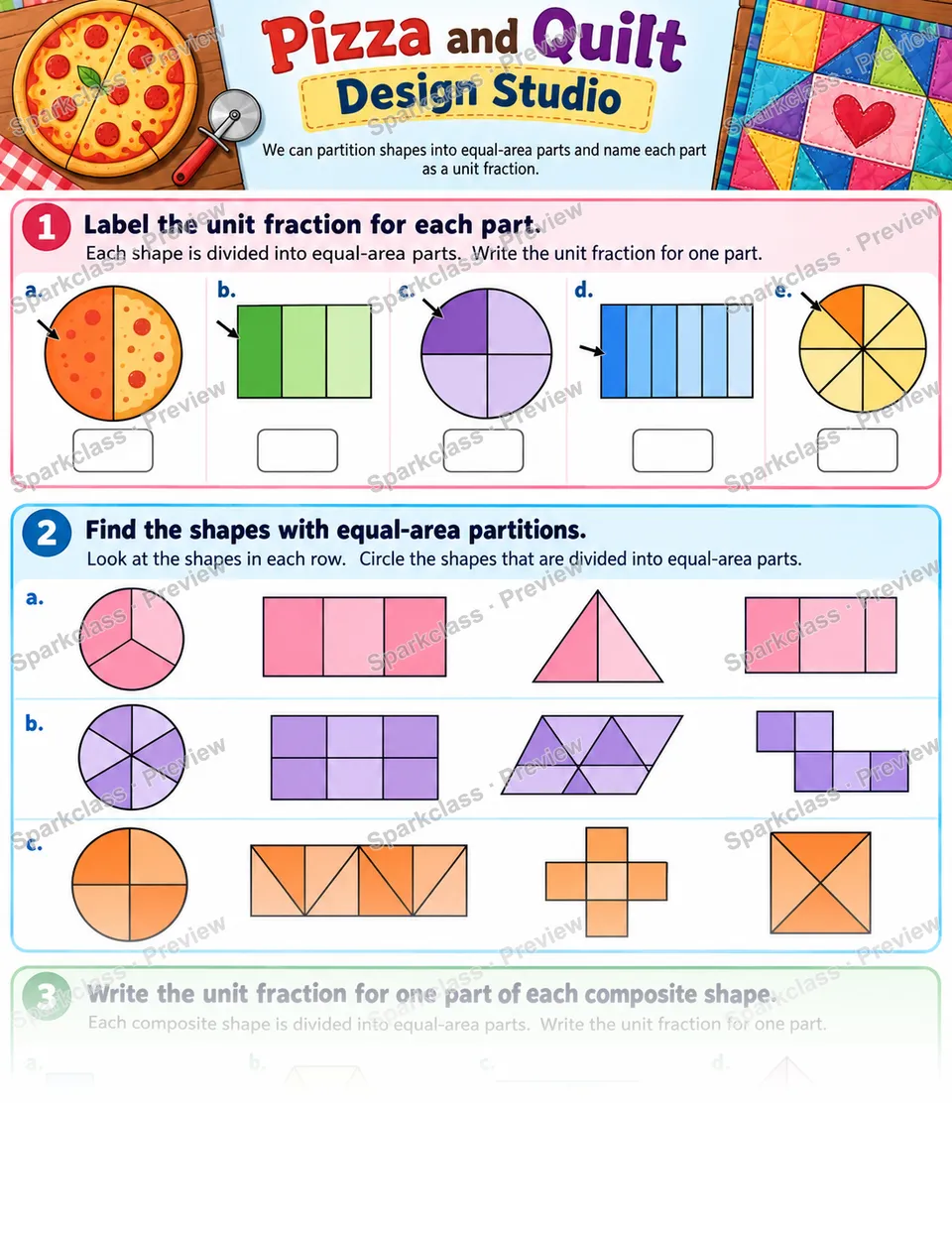 Equal-Area Fraction Partitions — Grade 3 worksheet preview