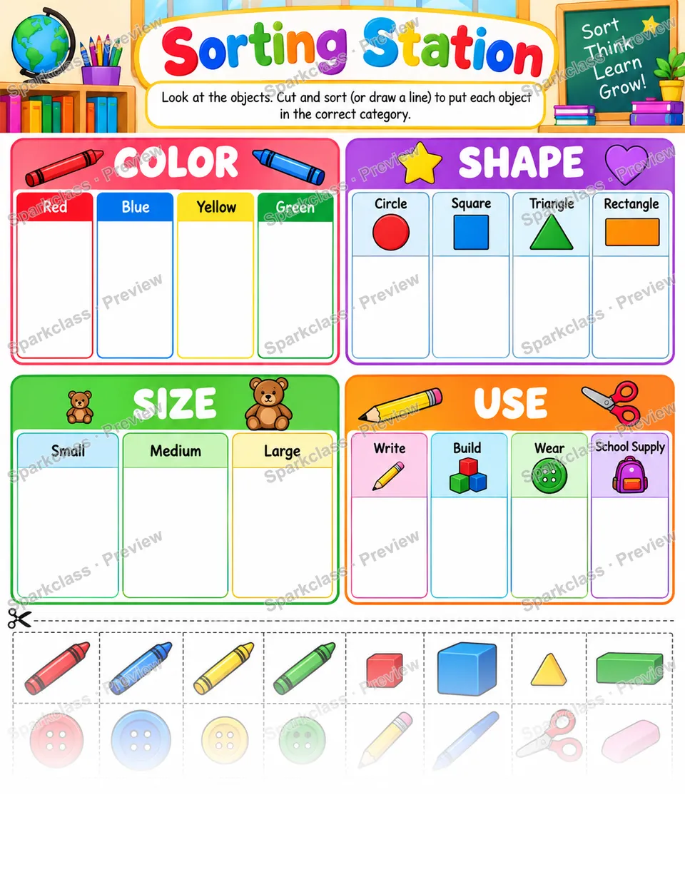 Sorting Station · Classify Objects — Kindergarten worksheet preview