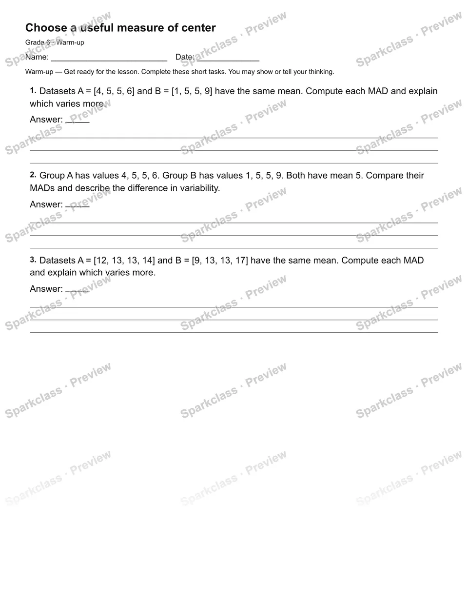 Choose a useful measure of center — Warm-up — Grade 6 worksheet preview