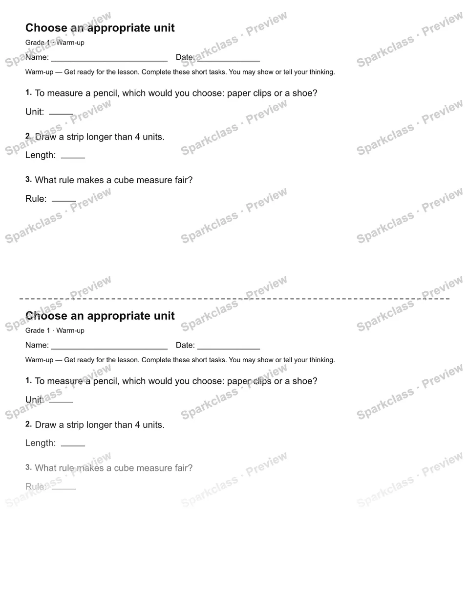 Choose an appropriate unit — Warm-up — Grade 1 worksheet preview