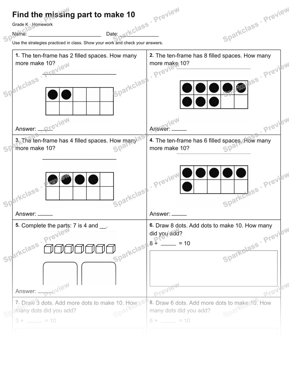 Find the missing part to make 10 — Homework — Kindergarten worksheet preview