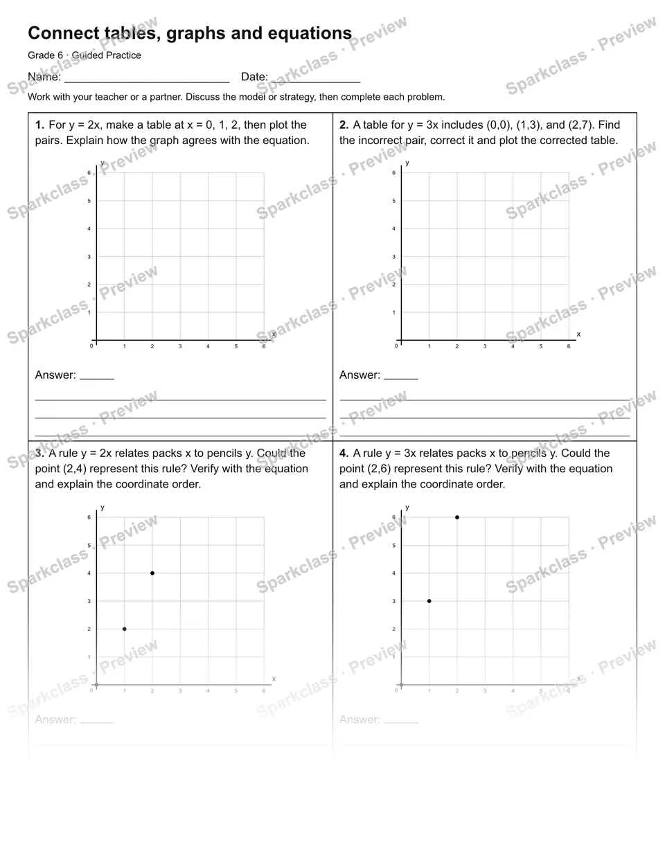 Connect tables, graphs and equations — Guided Practice — Grade 6 worksheet preview
