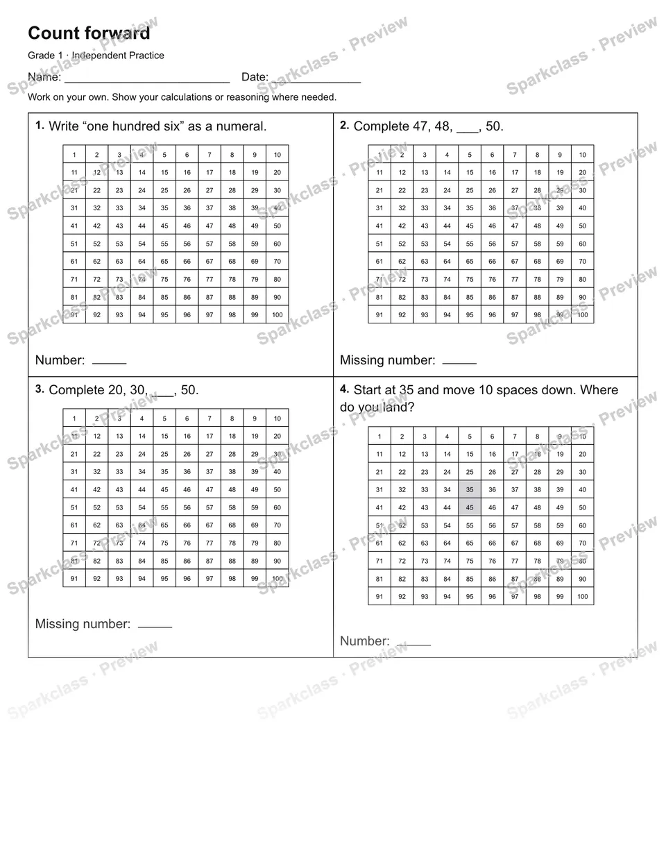 Count forward — Independent Practice — Grade 1 worksheet preview