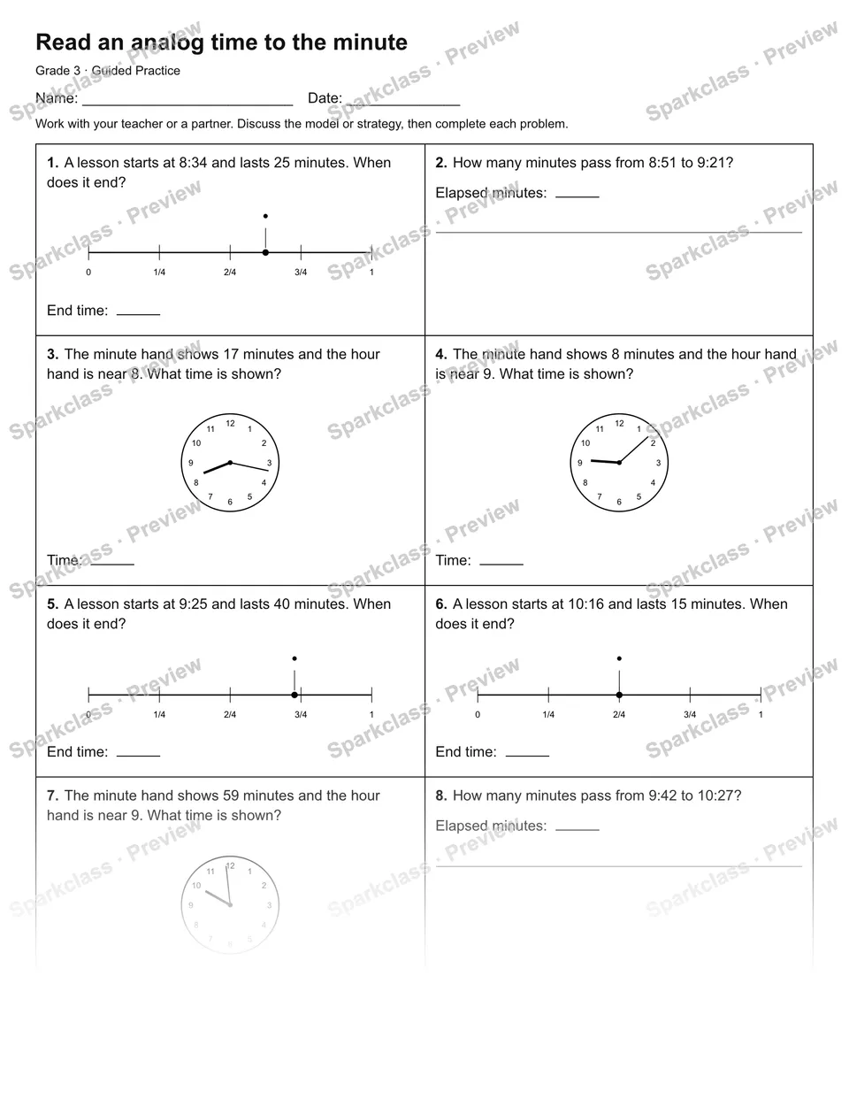 Read an analog time to the minute — Guided Practice — Grade 3 worksheet preview