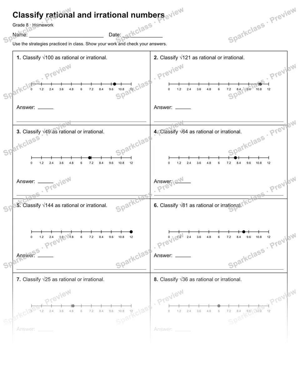 Classify rational and irrational numbers — Homework — Grade 8 worksheet preview