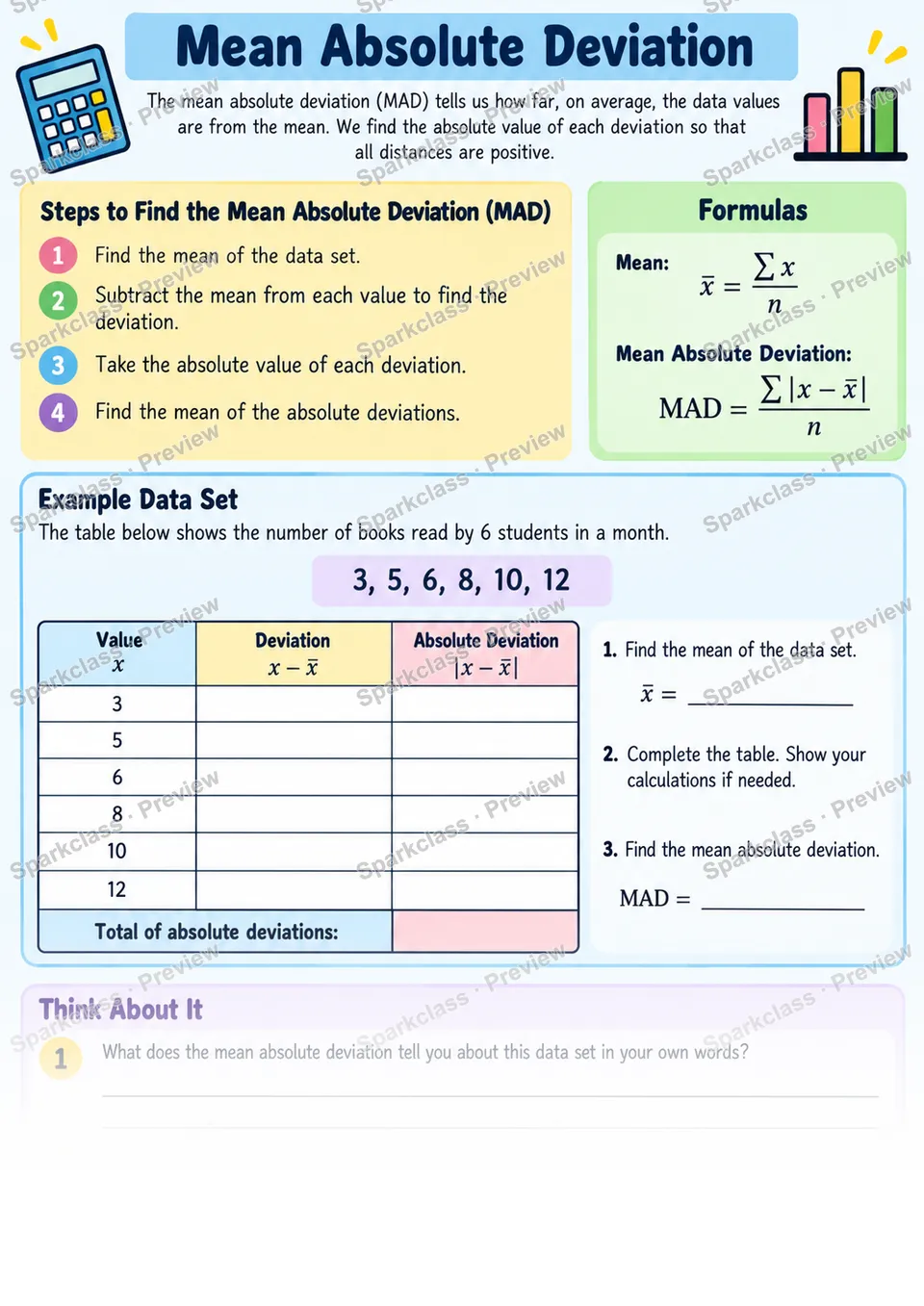 Mean Absolute Deviation — Grade 6 worksheet preview