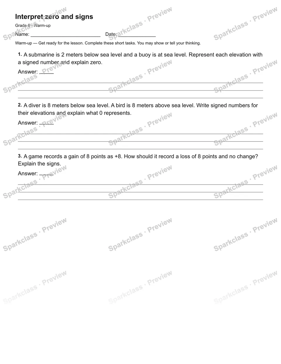 Interpret zero and signs — Warm-up — Grade 6 worksheet preview