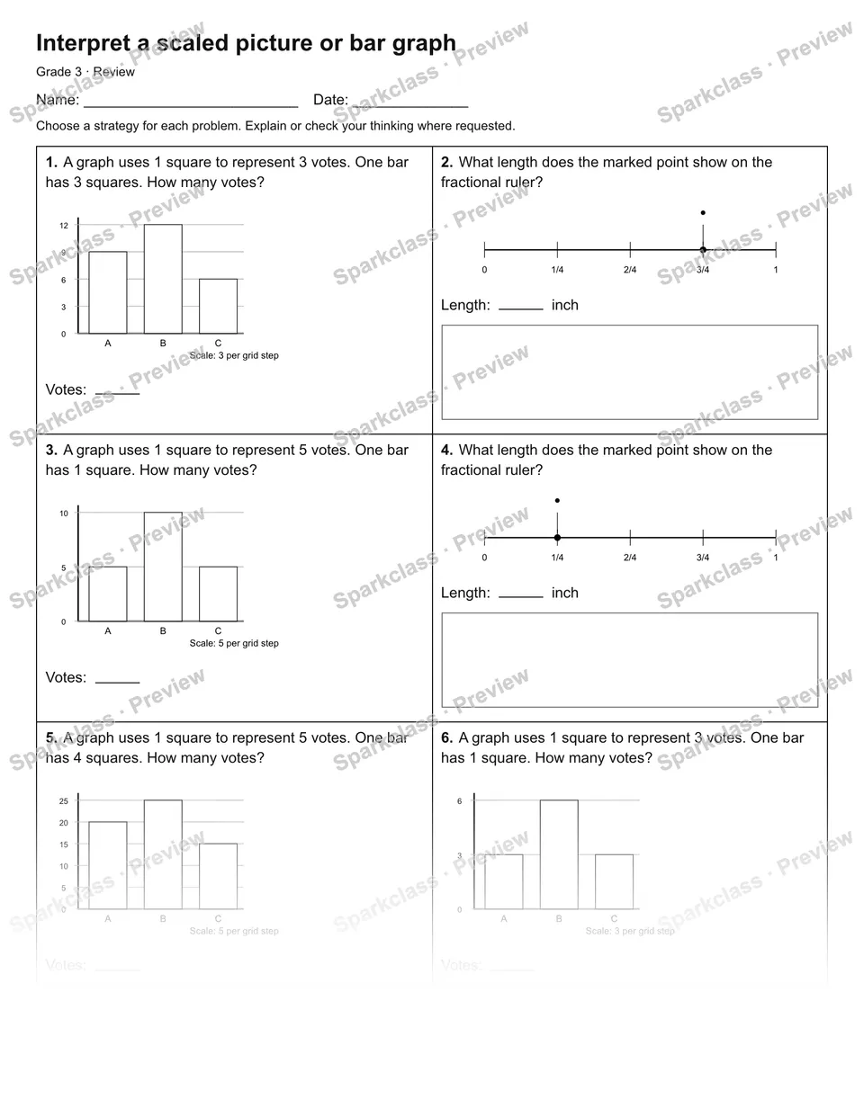 Interpret a scaled picture or bar graph — Review — Grade 3 worksheet preview