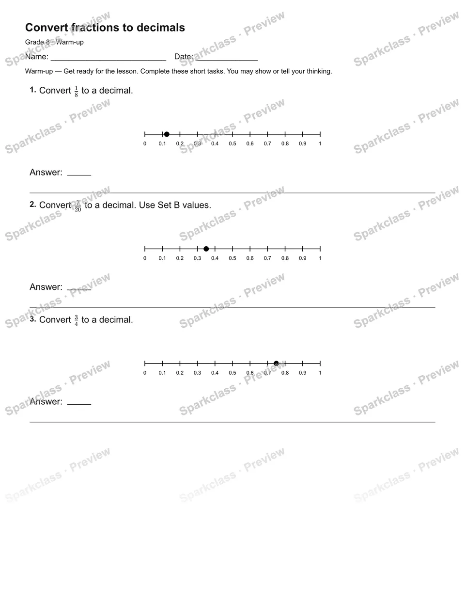 Convert fractions to decimals — Warm-up — Grade 8 worksheet preview