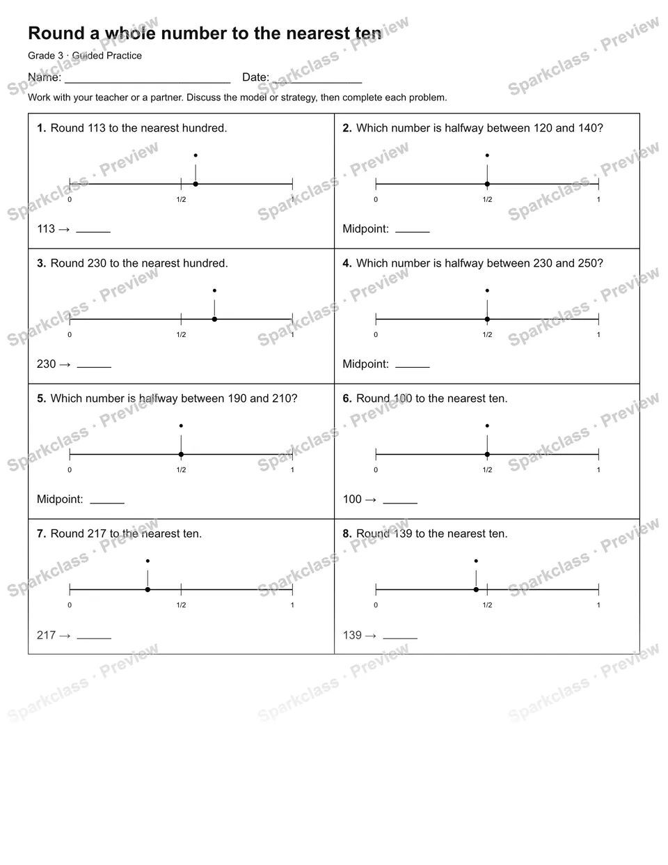 Round a whole number to the nearest ten — Guided Practice — Grade 3 worksheet preview