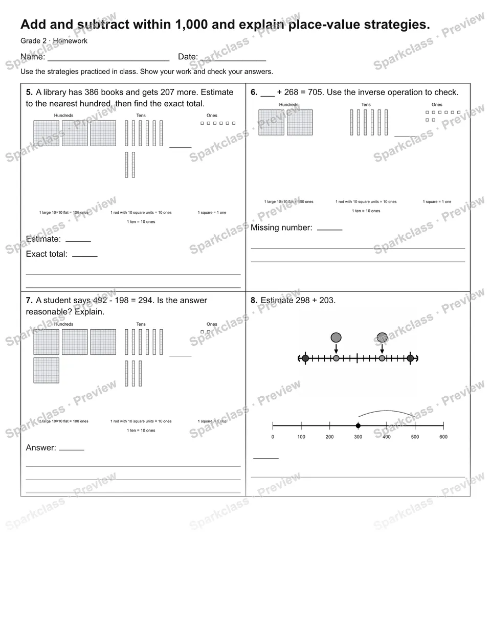 Add and subtract within 1,000 and explain place-value strategies. — Homework — page 2