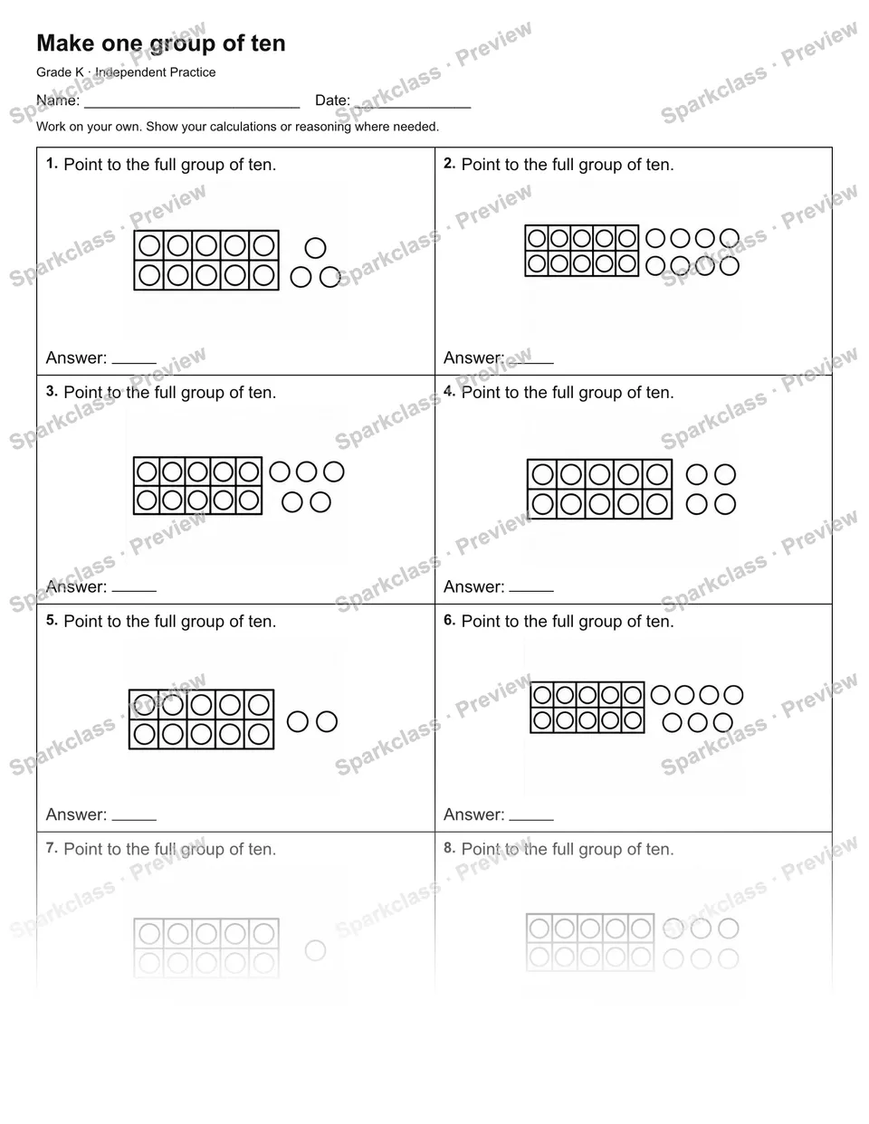 Make one group of ten — Independent Practice — Kindergarten worksheet preview