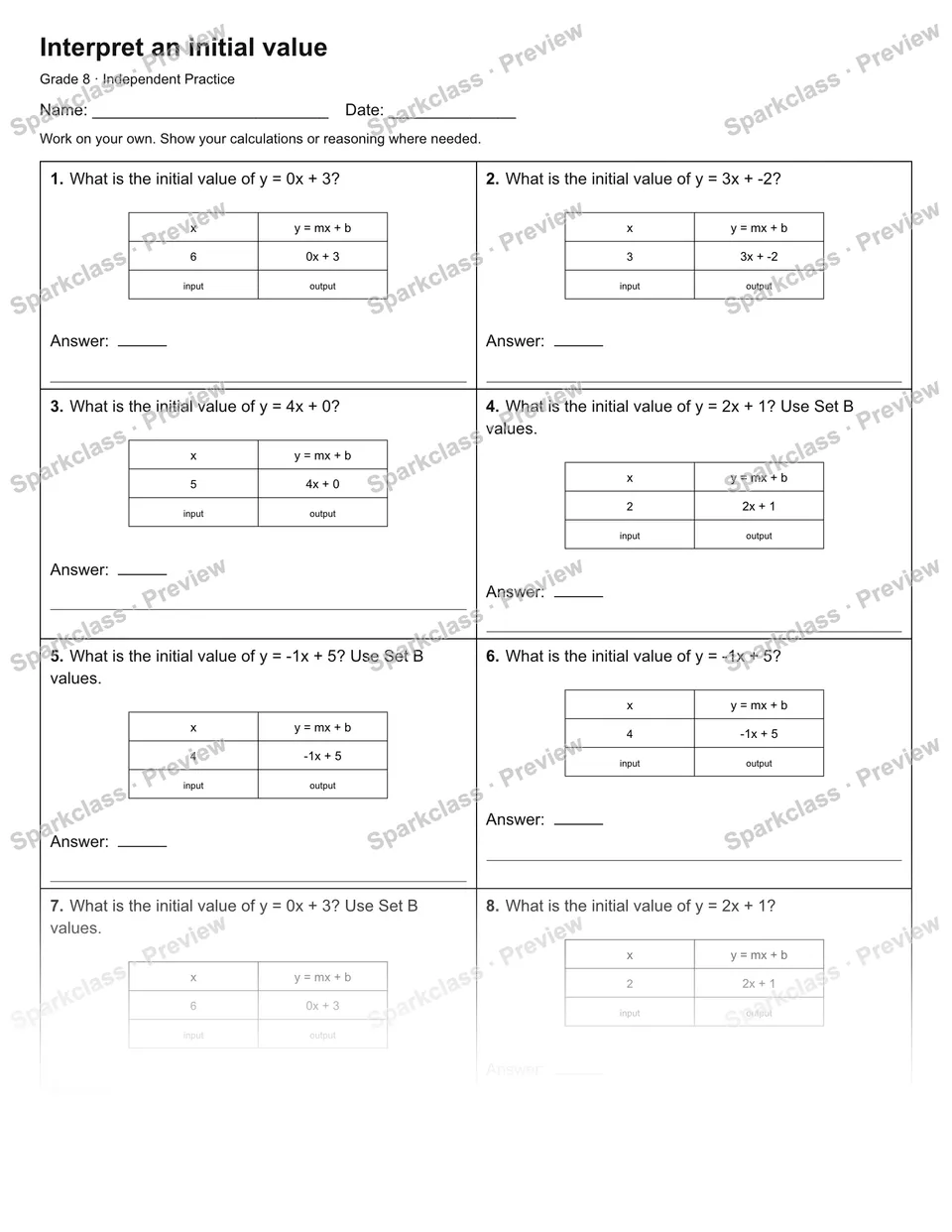 Interpret an initial value — Independent Practice — Grade 8 worksheet preview