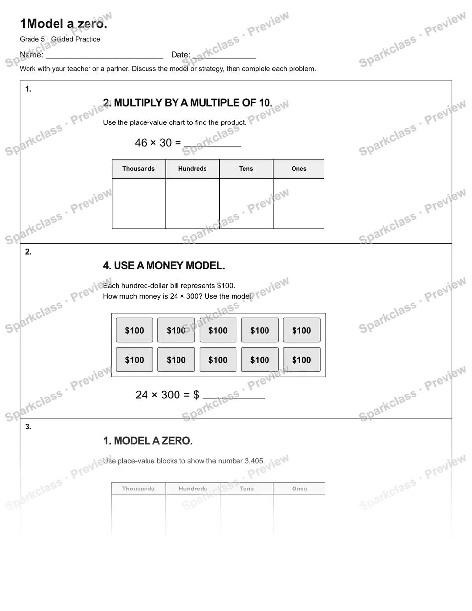 1Model a zero. — Guided Practice — Grade 5 worksheet preview