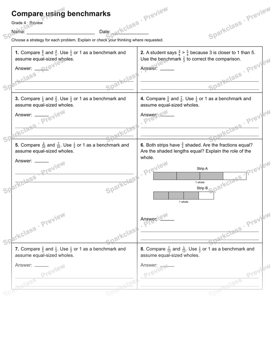 Compare using benchmarks — Review — Grade 4 worksheet preview