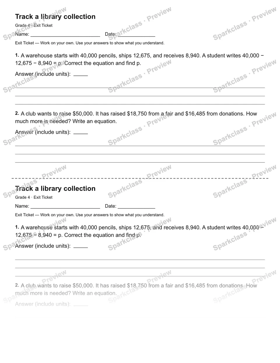 Track a library collection — Exit Ticket — Grade 4 worksheet preview