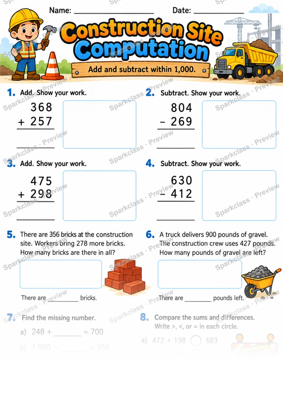 2.NBT.B.7 · Construction Add Subtract — Grade 2 worksheet preview