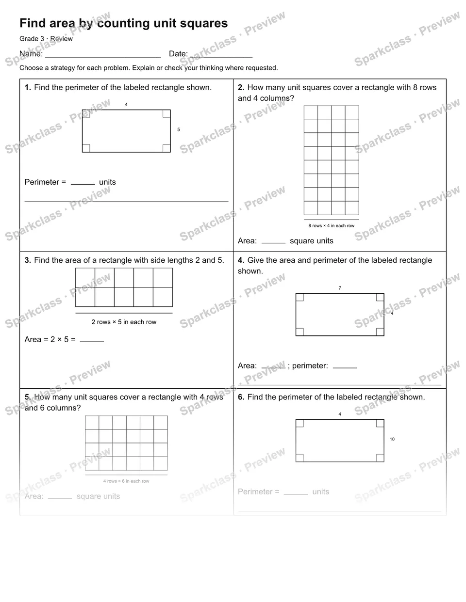 Find area by counting unit squares — Review — Grade 3 worksheet preview