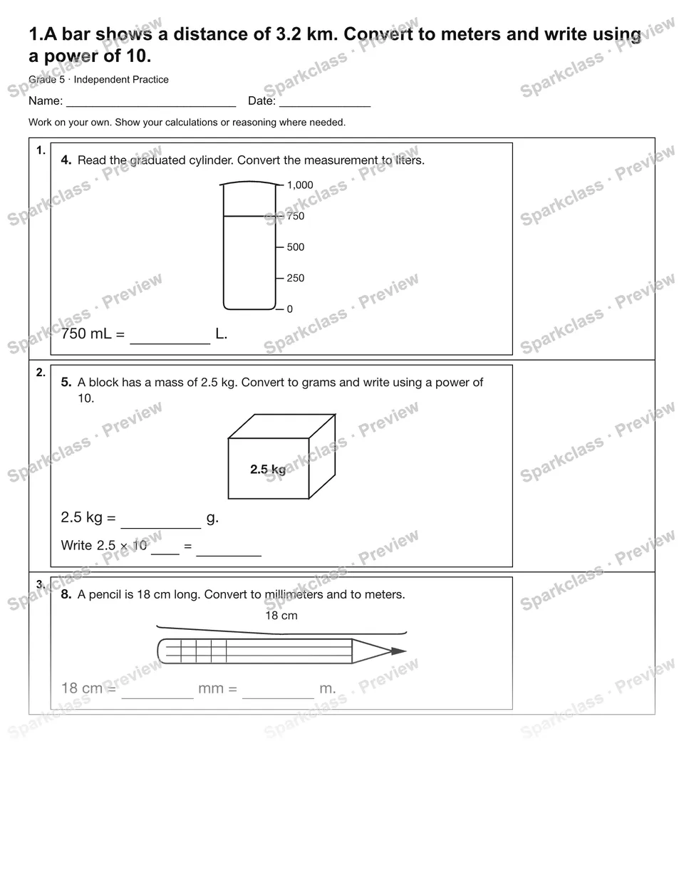 1.A bar shows a distance of 3.2 km. Convert to meters and write using a power of 10. — Independent Practice — Grade 5 worksheet preview