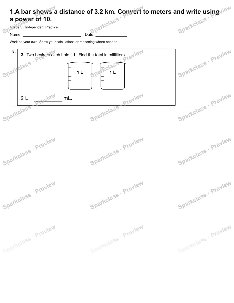 1.A bar shows a distance of 3.2 km. Convert to meters and write using a power of 10. — Independent Practice — page 3