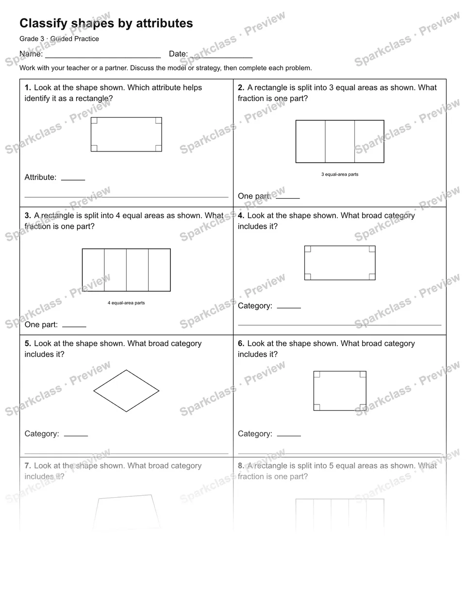 Classify shapes by attributes — Guided Practice — Grade 3 worksheet preview