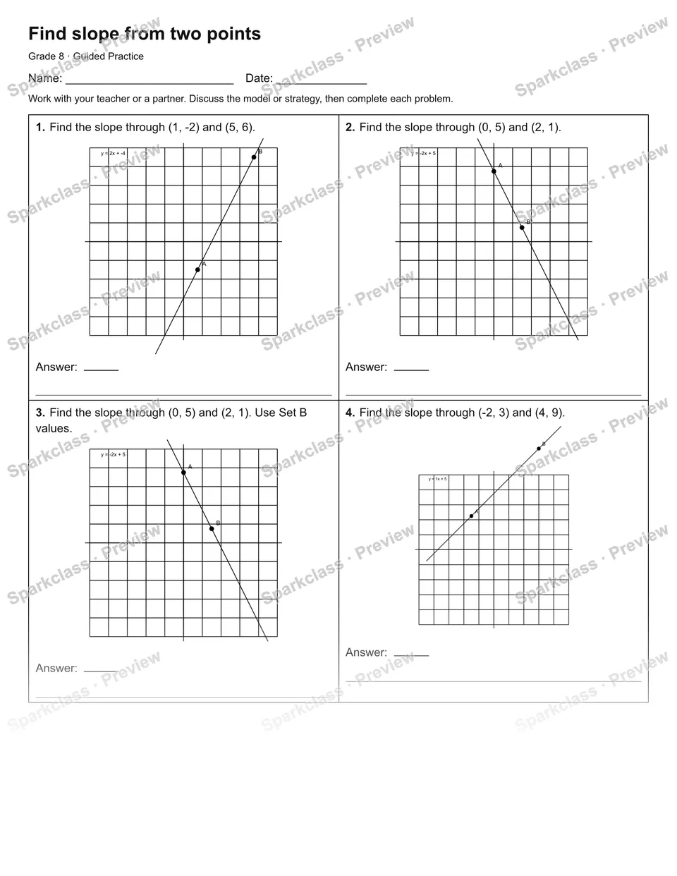 Find slope from two points — Guided Practice — Grade 8 worksheet preview