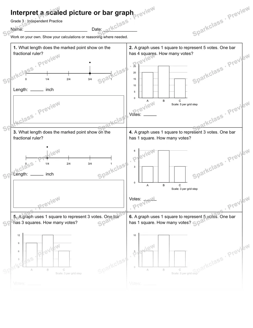 Interpret a scaled picture or bar graph — Independent Practice — Grade 3 worksheet preview